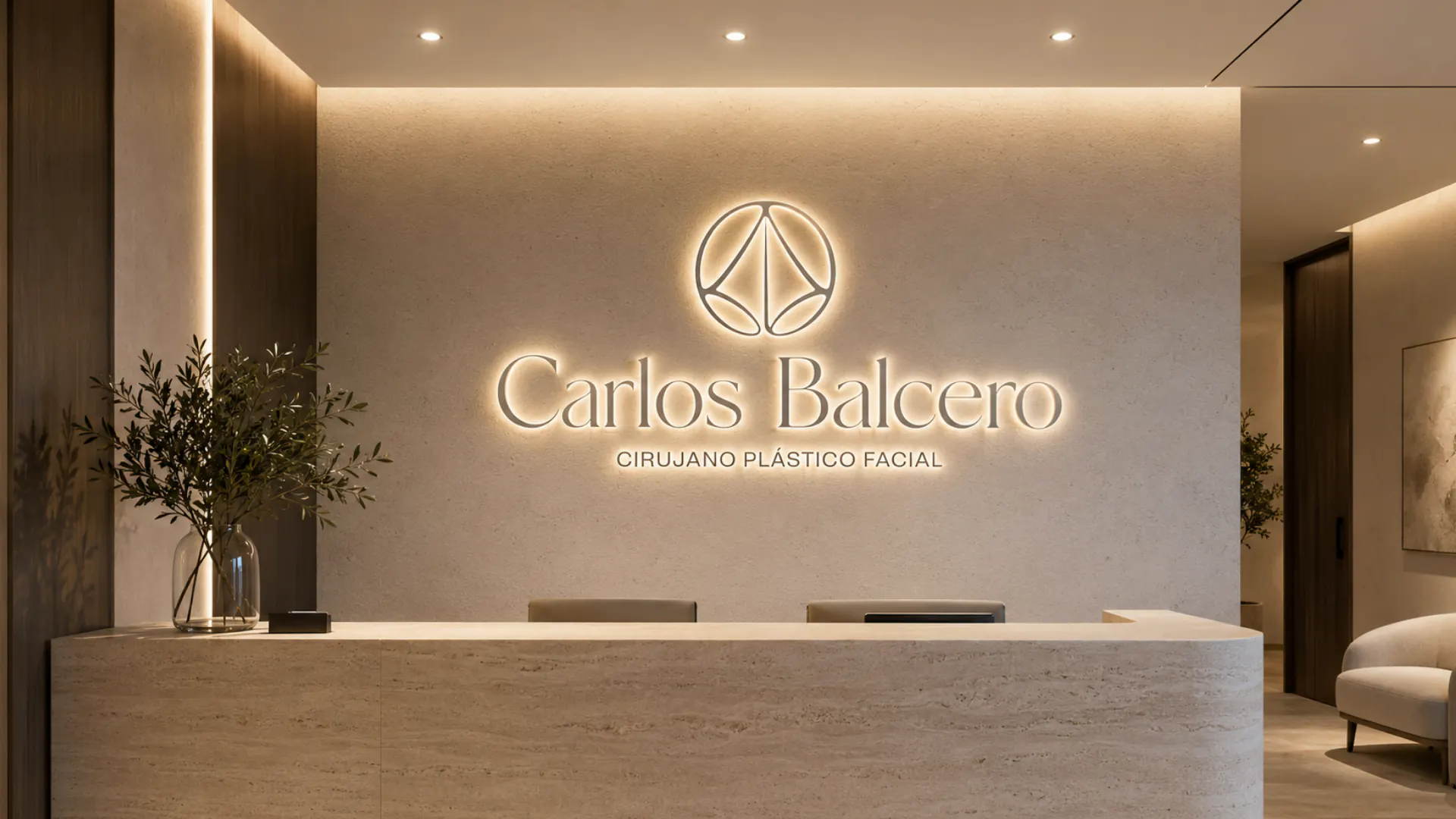 Illuminated Travertine Marble Reception Wall